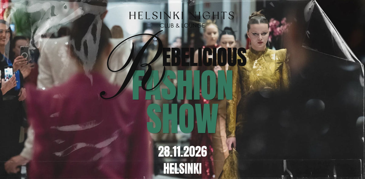 Promotional graphic for the 'Rebelicious Fashion Show' at Helsinki Lights Club & Lounge, featuring a runway scene with models in dramatic evening wear, overlaid with event text including 'Helsinki Lights', 'Rebelicious Fashion Show', and the date '28.11.